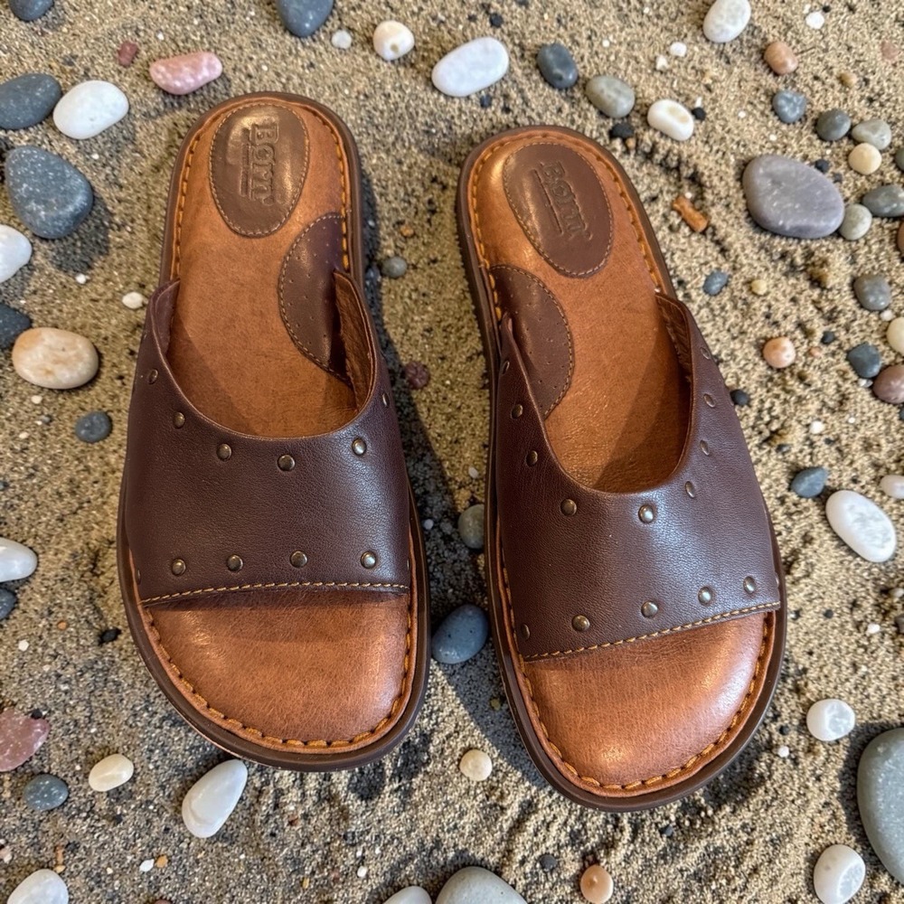 Born Sandals Slides Brown Leather SZ 8M W6248 Beach Resort Comfort Travel